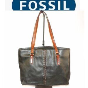 Fossil Black Pebble Leather Tote/Shoulder Bag with Brown Leather straps